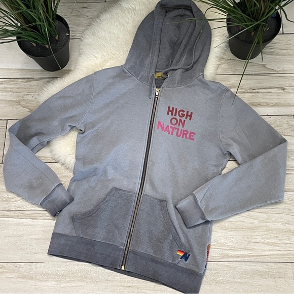 Vintage & Rare Spirtual Gangster “High on Nature” grey & rainbow Hoodie - sz M - Picture 3 of 14